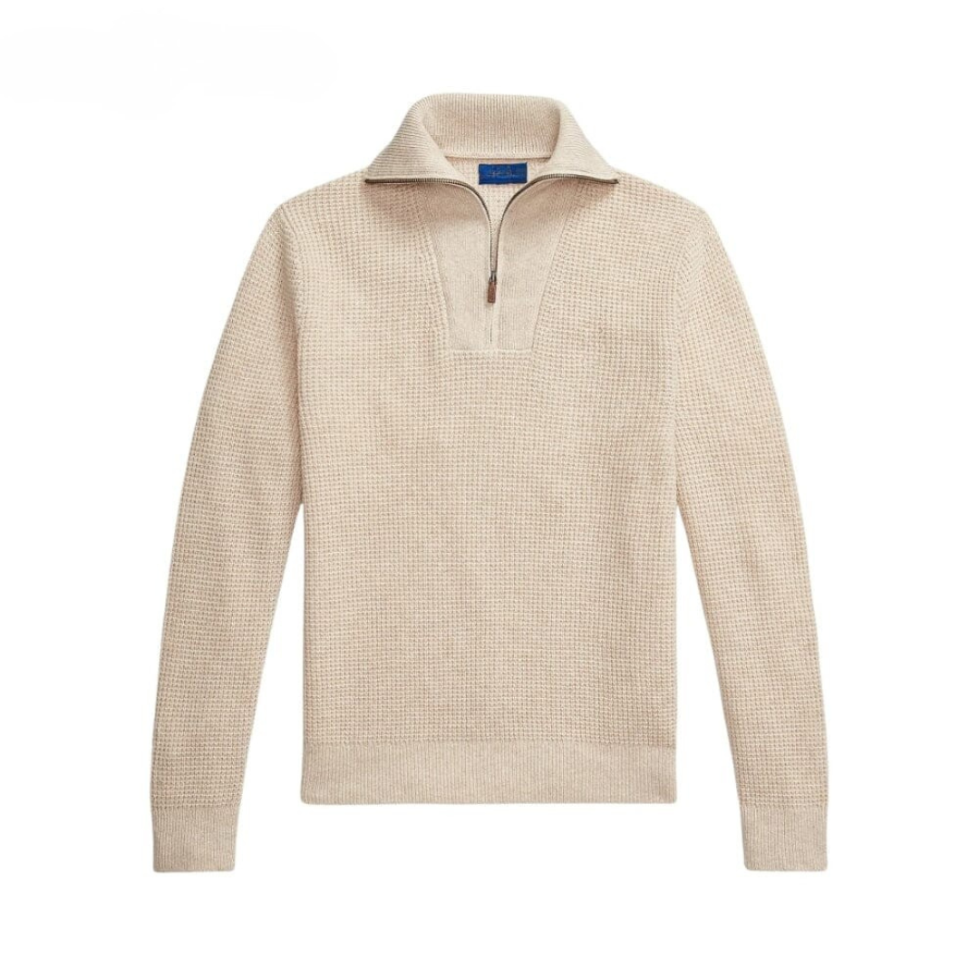 Waffle Knit Pullover in Wool and Cotton with Quarter Zip