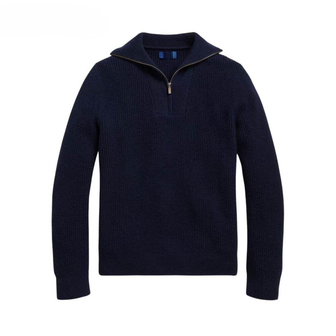 Waffle Knit Pullover in Wool and Cotton with Quarter Zip